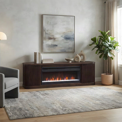 Wooden Fireplace TV Console with Media Storage, Fully Assembled, Brown, 76 Inch