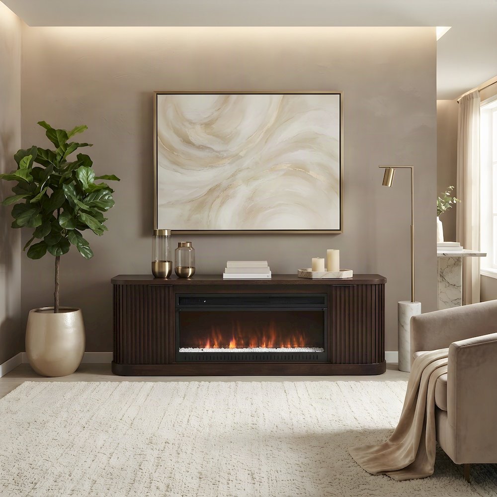 Wooden Fireplace TV Console with Media Storage, Fully Assembled, Brown, 76 Inch