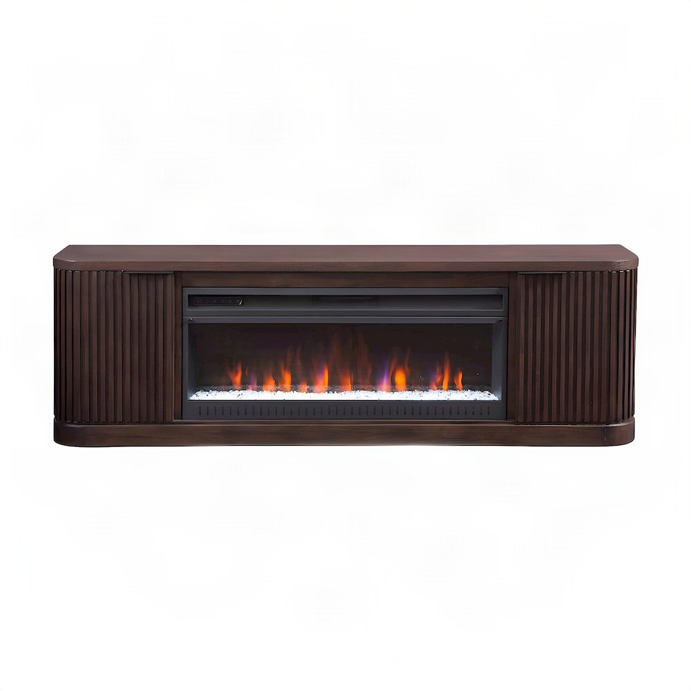 Wooden Fireplace TV Console with Media Storage, Fully Assembled, Brown, 76 Inch