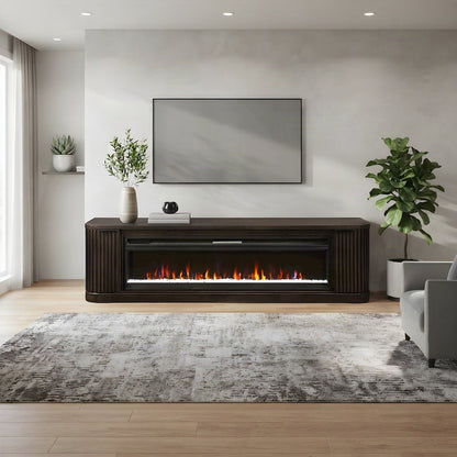 Wooden Fireplace TV Console with Media Storage, Fully Assembled, Brown, 84 Inch