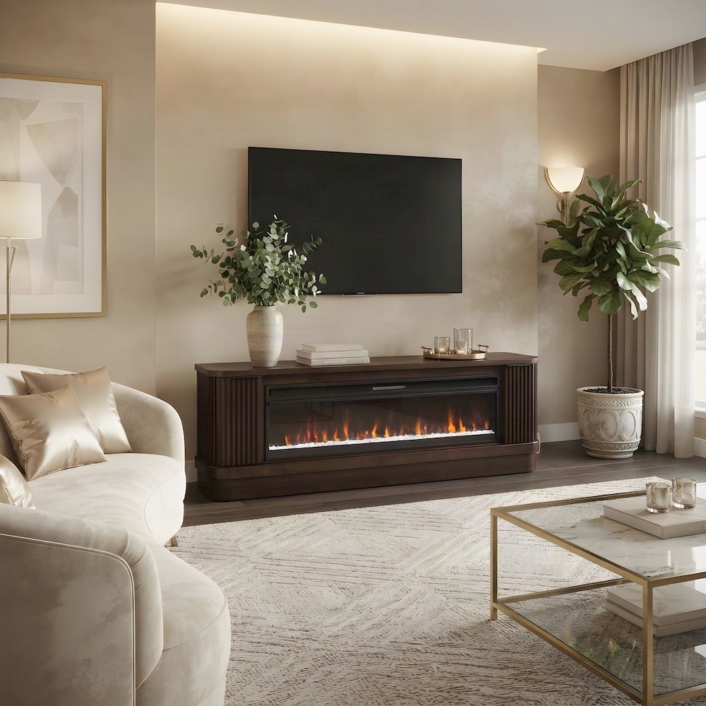 Wooden Fireplace TV Console with Media Storage, Fully Assembled, Brown, 84 Inch