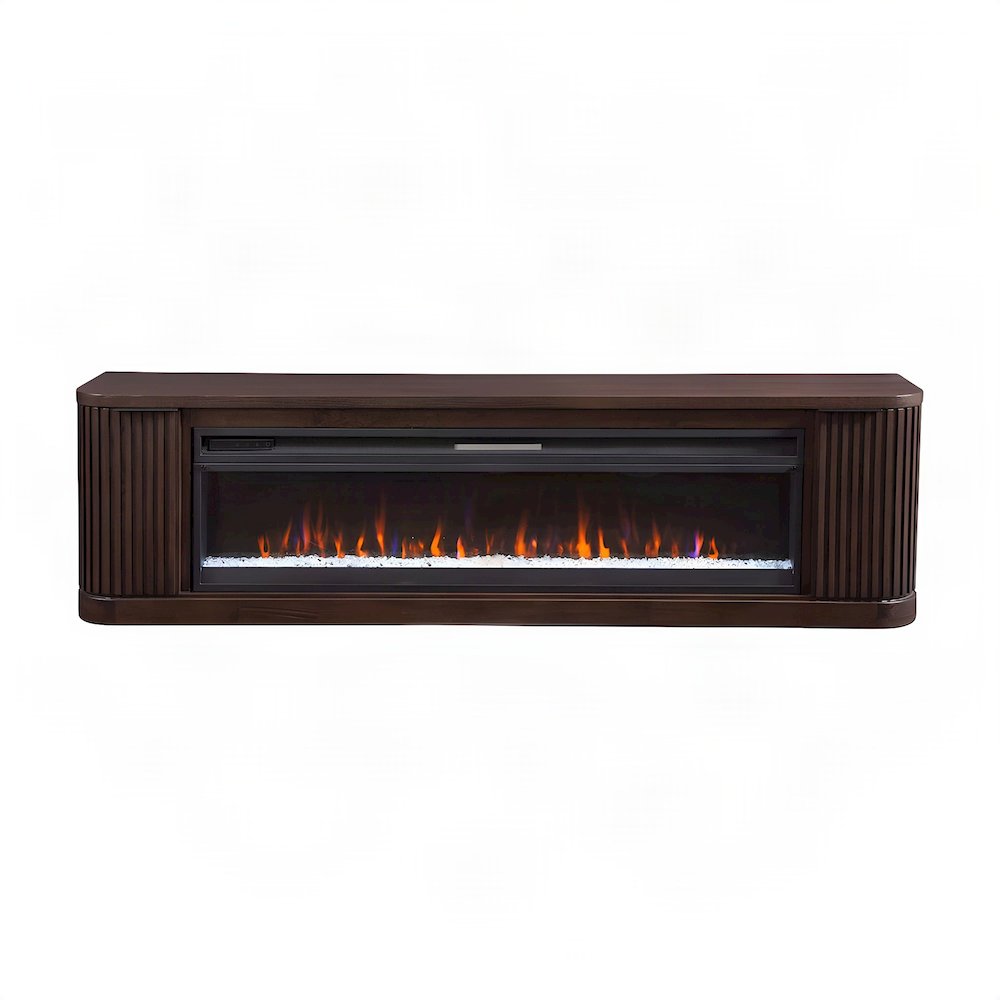 Wooden Fireplace TV Console with Media Storage, Fully Assembled, Brown, 84 Inch