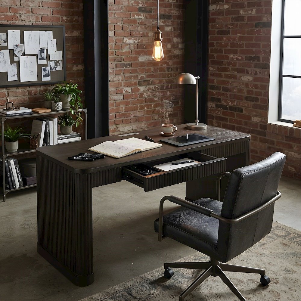 Wooden Executive Writing Desk with Drawers, Shelves, and Storage, Brown