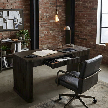 Wooden Executive Writing Desk with Drawers, Shelves, and Storage, Brown