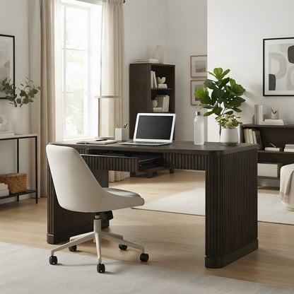 Wooden Executive Writing Desk with Drawers, Shelves, and Storage, Brown