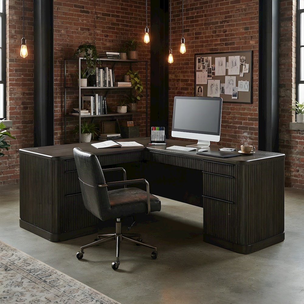 Wood Corner L-Shaped Executive Desk with Pedestal File Drawers, Brown