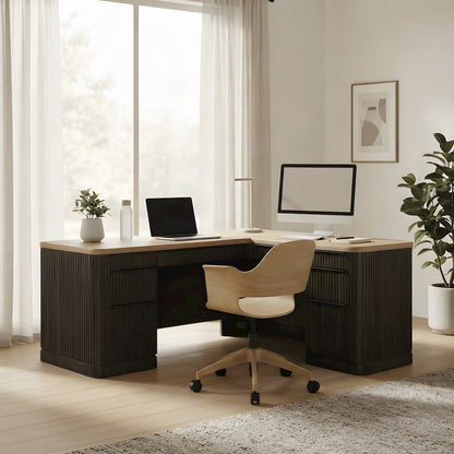 Wood Corner L-Shaped Executive Desk with Pedestal File Drawers, Brown