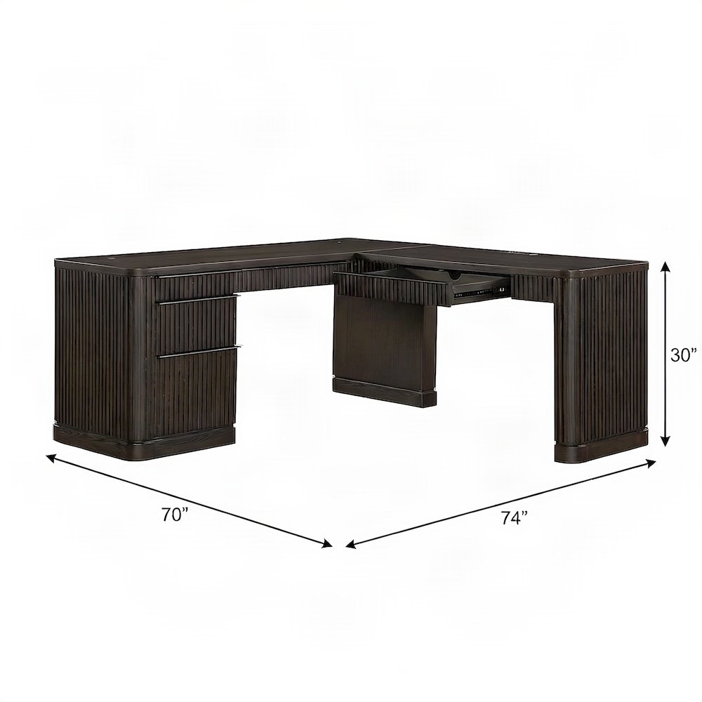Wooden Pedestal L-Shaped Corner Desk with Drawers, Open Shelf, Brown