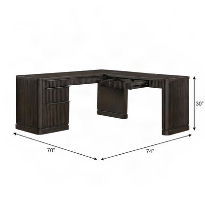 Wooden Pedestal L-Shaped Corner Desk with Drawers, Open Shelf, Brown