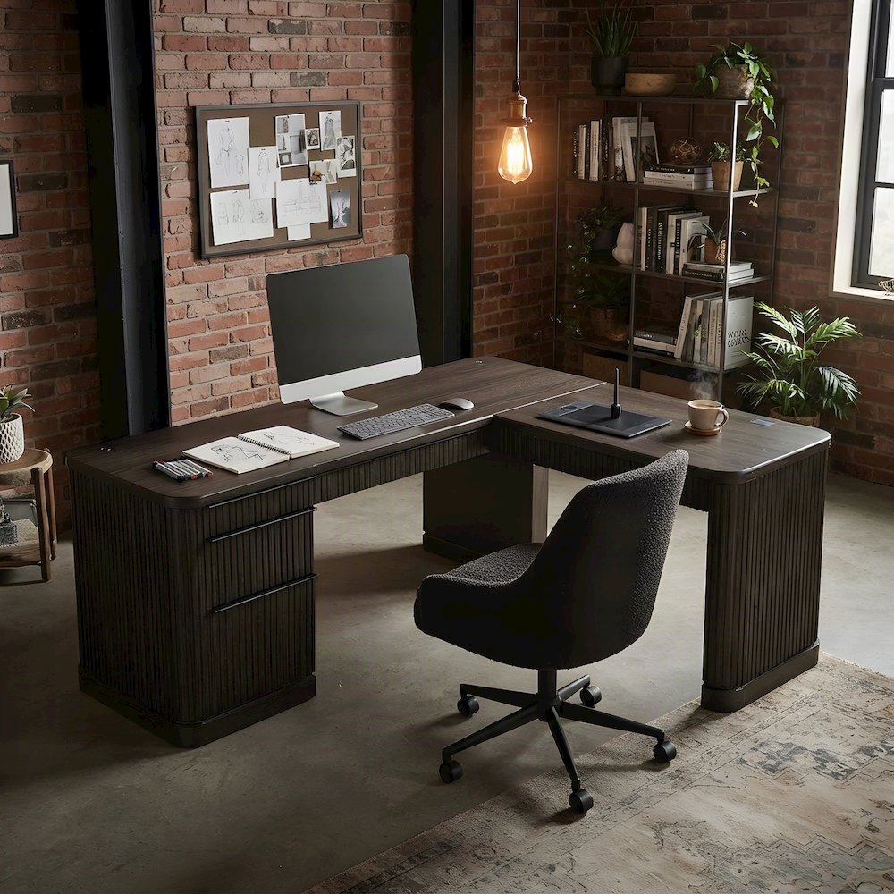 Wooden Pedestal L-Shaped Corner Desk with Drawers, Open Shelf, Brown