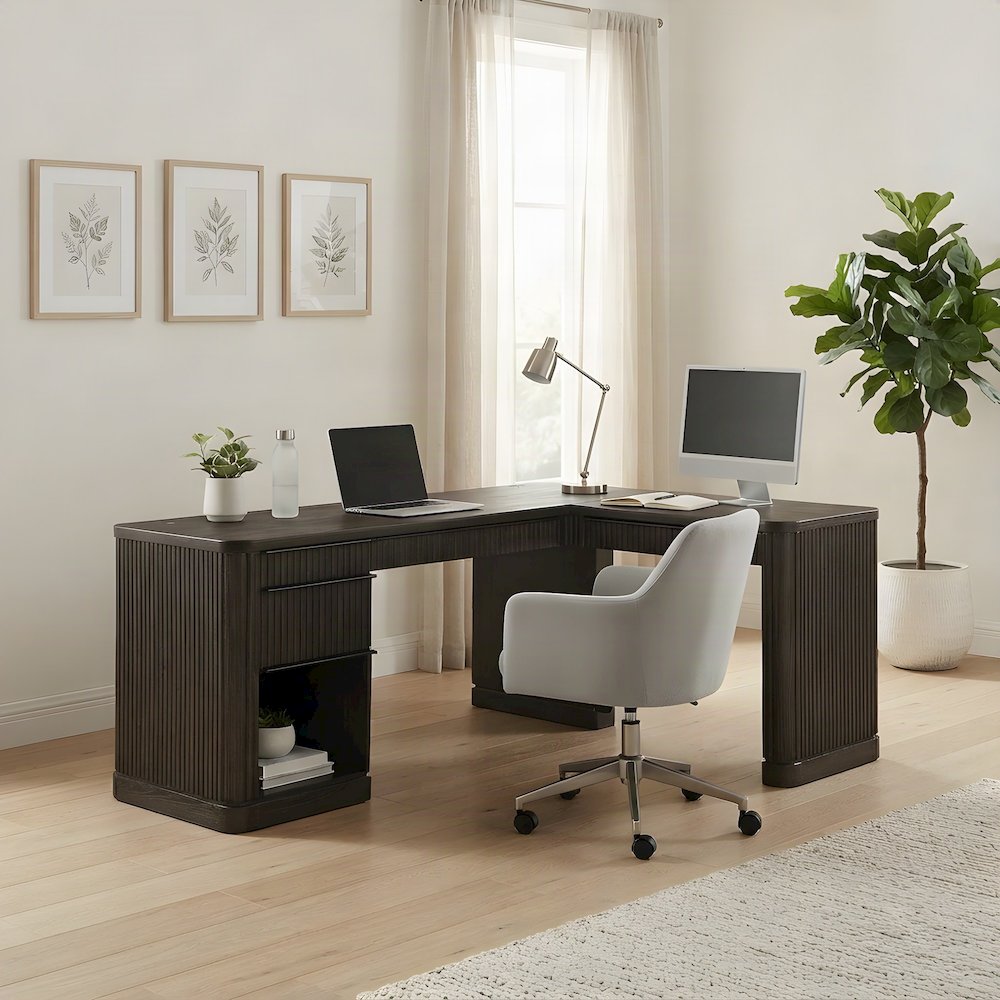 Wooden Pedestal L-Shaped Corner Desk with Drawers, Open Shelf, Brown