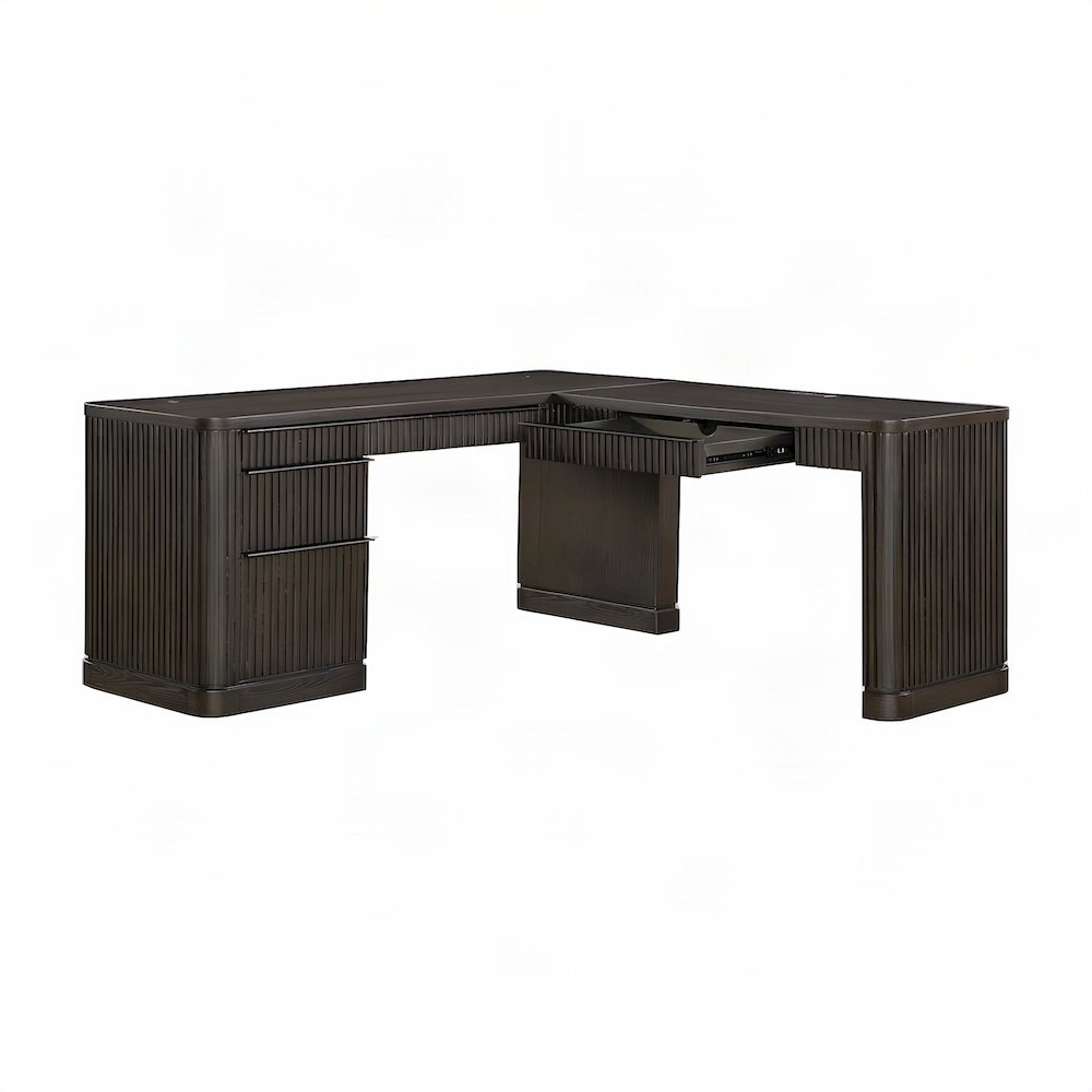Wooden Pedestal L-Shaped Corner Desk with Drawers, Open Shelf, Brown