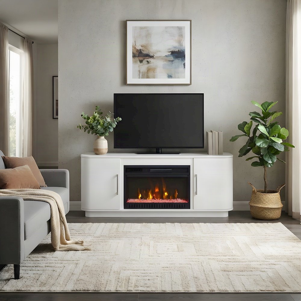 Wood Fireplace TV Stand Console, Fully Assembled Entertainment, White