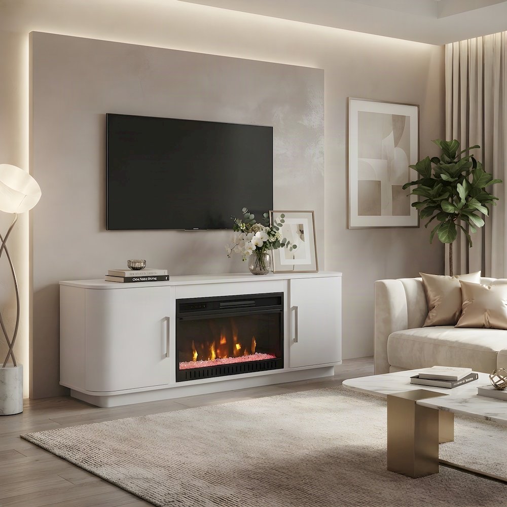 Wood Fireplace TV Stand Console, Fully Assembled Entertainment, White