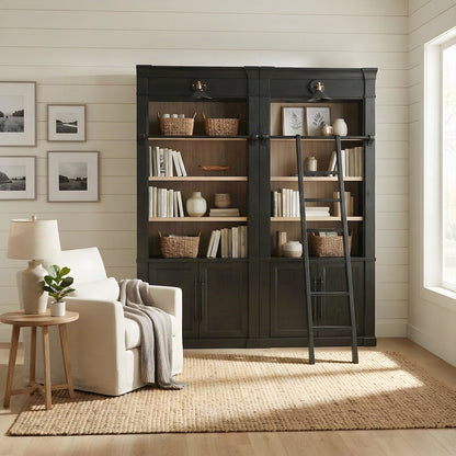 Wood Tall Bookshelf Set of 2 with Ladder Rail Storage Shelves, Black