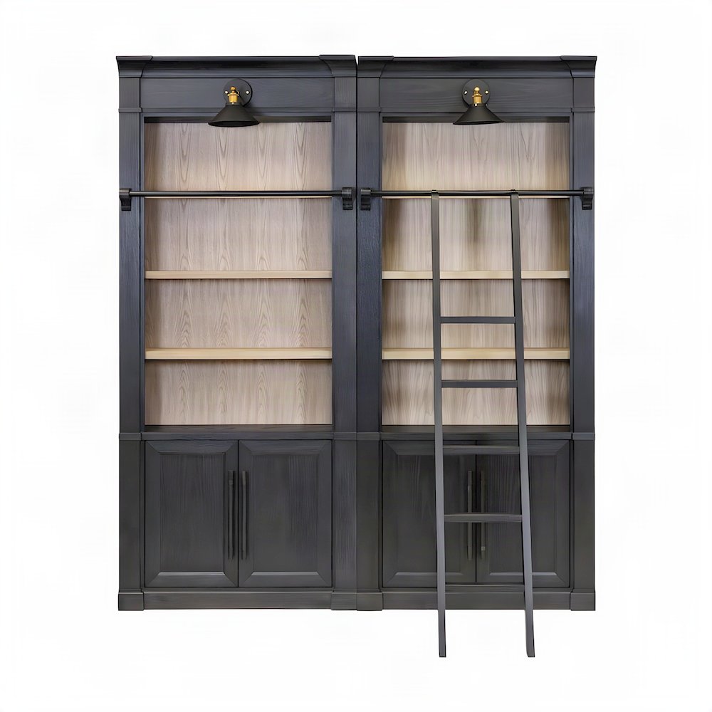 Wood Tall Bookshelf Set of 2 with Ladder Rail Storage Shelves, Black