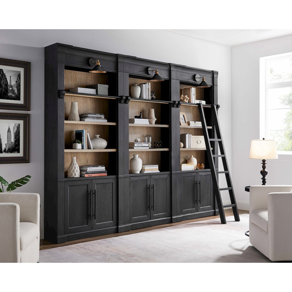Three 8' Tall Bookcase Wall With Ladder, Storage Organizer, Display Shelf, Black
