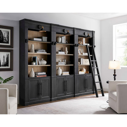 Three 8' Tall Bookcase Wall With Ladder, Storage Organizer, Display Shelf, Black