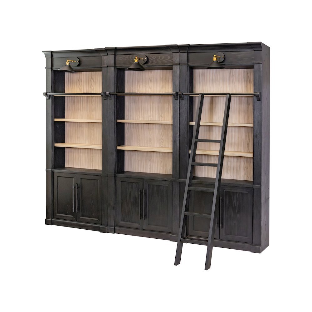 Wooden Tall Bookcase Wall with Sliding Ladder and Open Shelves, Black