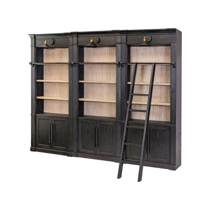 Wooden Tall Bookcase Wall with Sliding Ladder and Open Shelves, Black