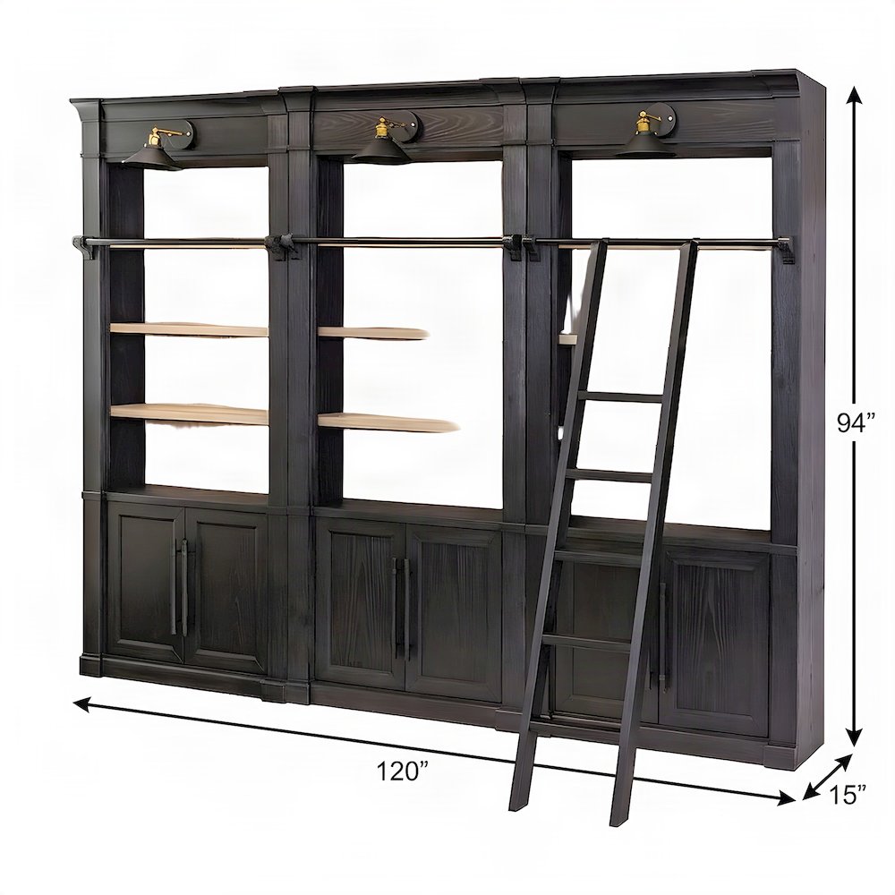 Wooden Tall Bookcase Wall with Sliding Ladder and Open Shelves, Black