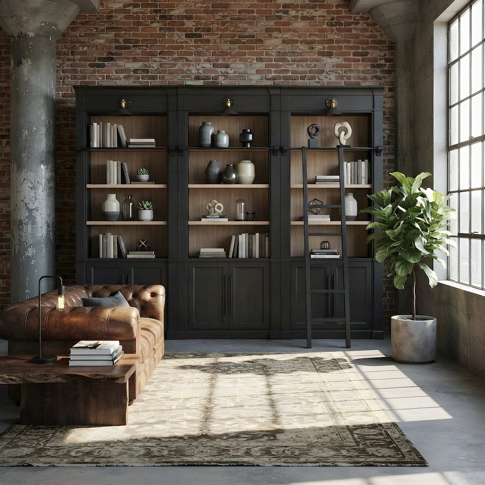 Wooden Tall Bookcase Wall with Sliding Ladder and Open Shelves, Black