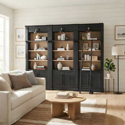 Wooden Tall Bookcase Wall with Sliding Ladder and Open Shelves, Black