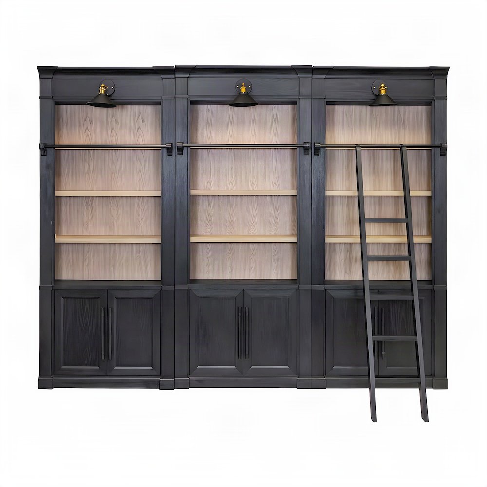 Wooden Tall Bookcase Wall with Sliding Ladder and Open Shelves, Black