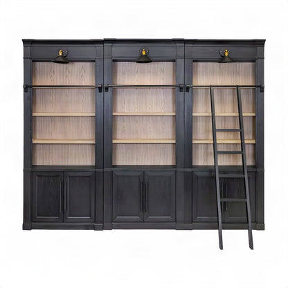 Wooden Tall Bookcase Wall with Sliding Ladder and Open Shelves, Black