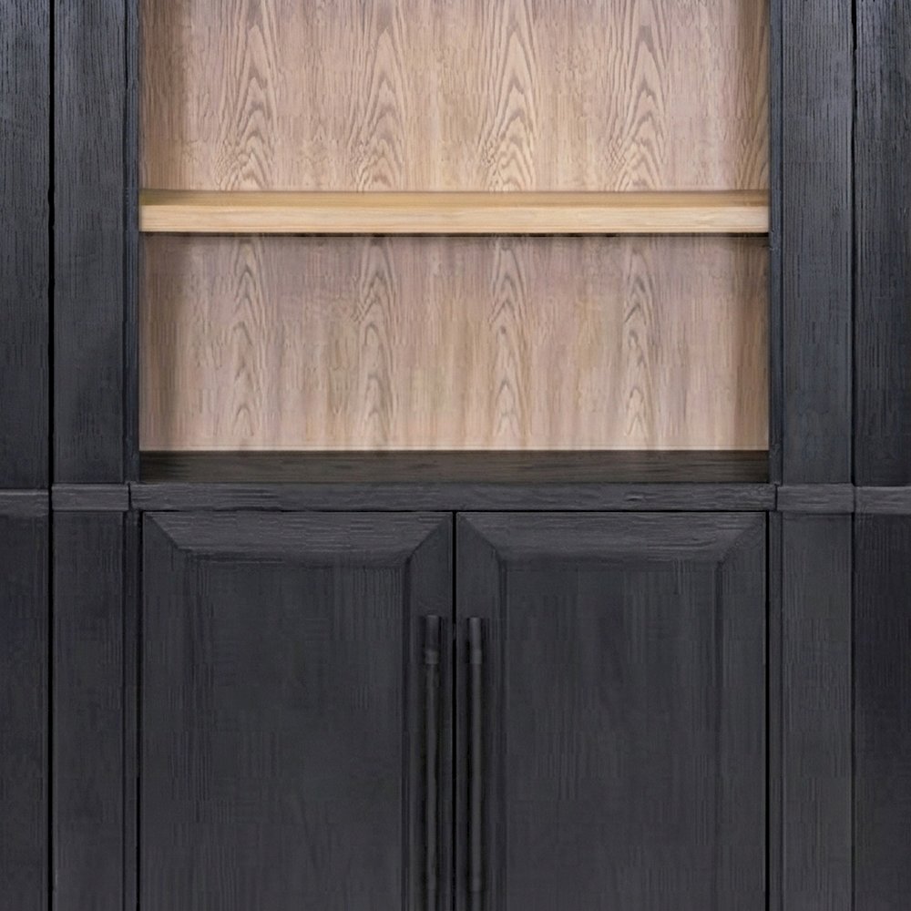 Wooden Tall Bookcase Wall with Sliding Ladder and Open Shelves, Black