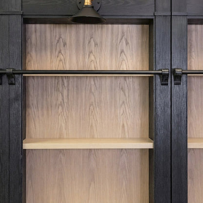 Wooden Tall Bookcase Wall with Sliding Ladder and Open Shelves, Black