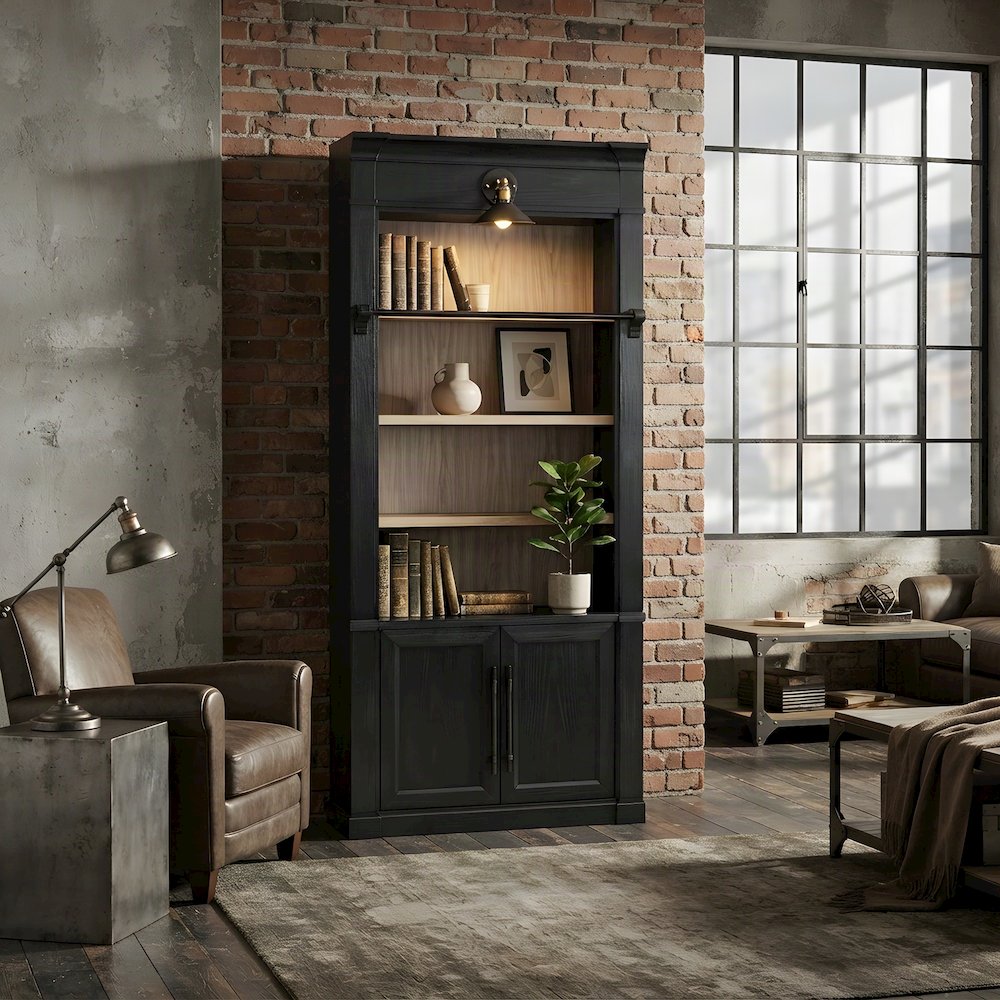 Contemporary Wood Tall Bookcase with Open Display Storage Shelves, Black