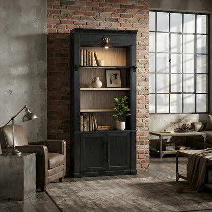 Contemporary Wood Tall Bookcase with Open Display Storage Shelves, Black