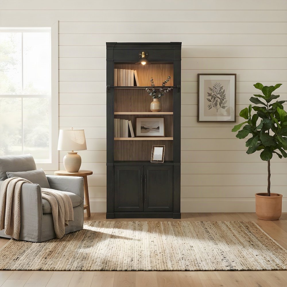 Contemporary Wood Tall Bookcase with Open Display Storage Shelves, Black