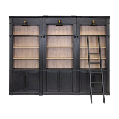 Three 8' Tall Bookcase Wall With Ladder, Storage Organizer, Display Shelf, Black