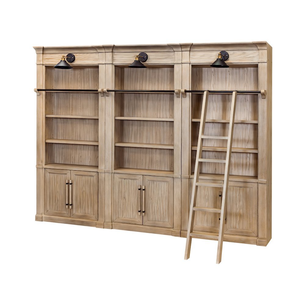 Wooden Tall Bookcase Wall with Sliding Ladder and Open Shelves, Brown