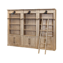 Wooden Tall Bookcase Wall with Sliding Ladder and Open Shelves, Brown