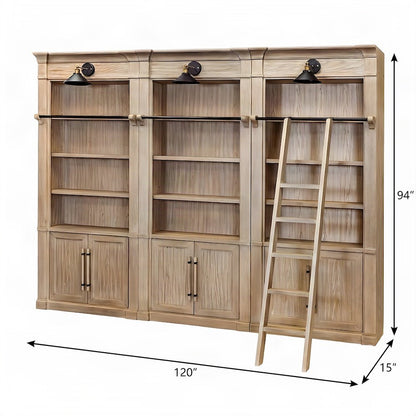 Wooden Tall Bookcase Wall with Sliding Ladder and Open Shelves, Brown
