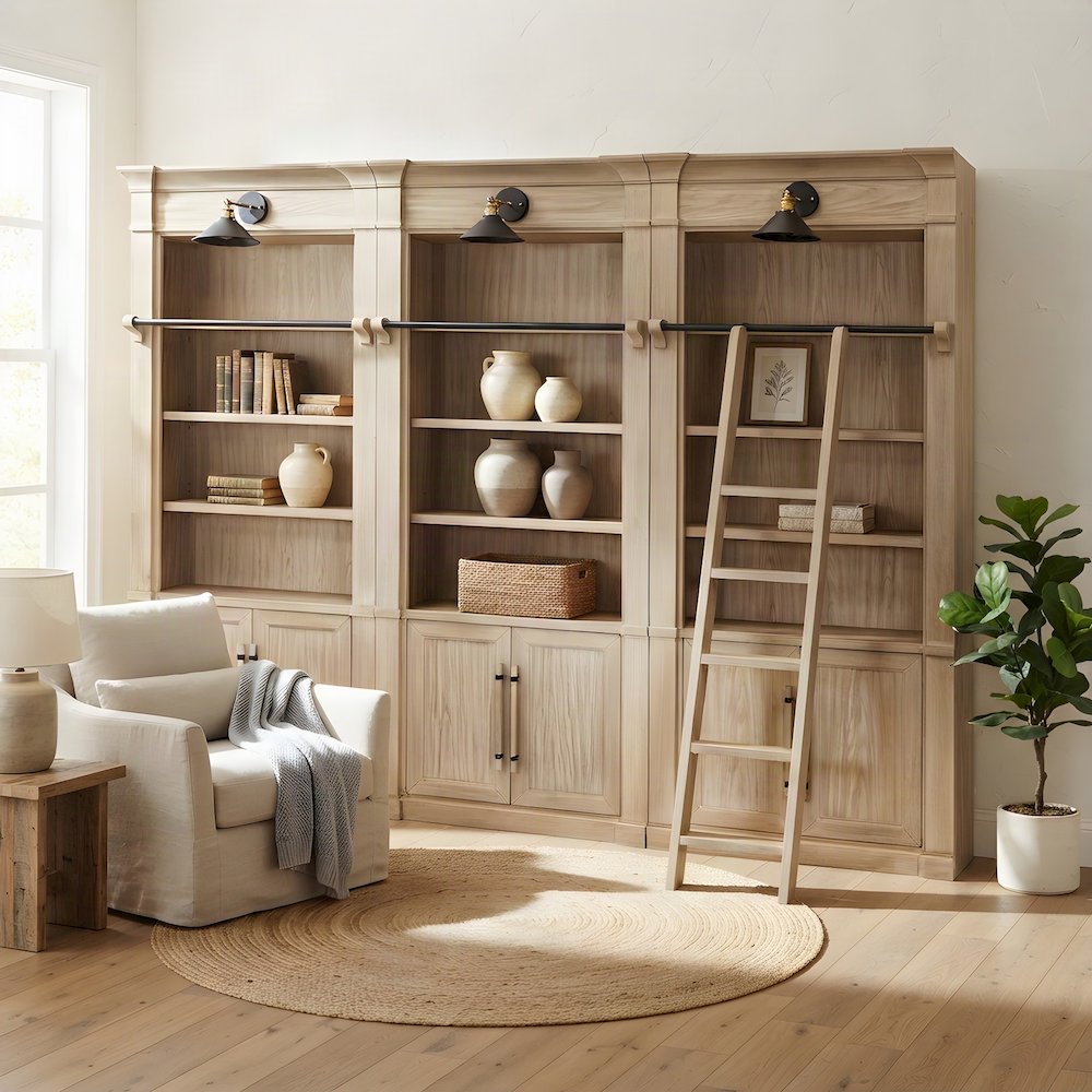 Wooden Tall Bookcase Wall with Sliding Ladder and Open Shelves, Brown