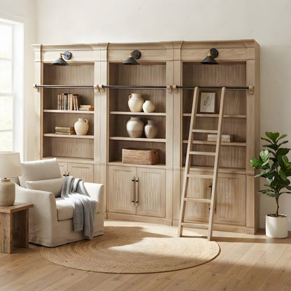 Wooden Tall Bookcase Wall with Sliding Ladder and Open Shelves, Brown