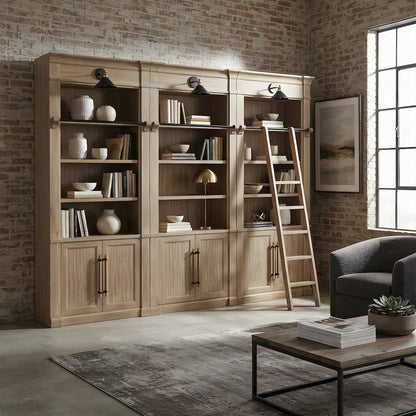 Wooden Tall Bookcase Wall with Sliding Ladder and Open Shelves, Brown