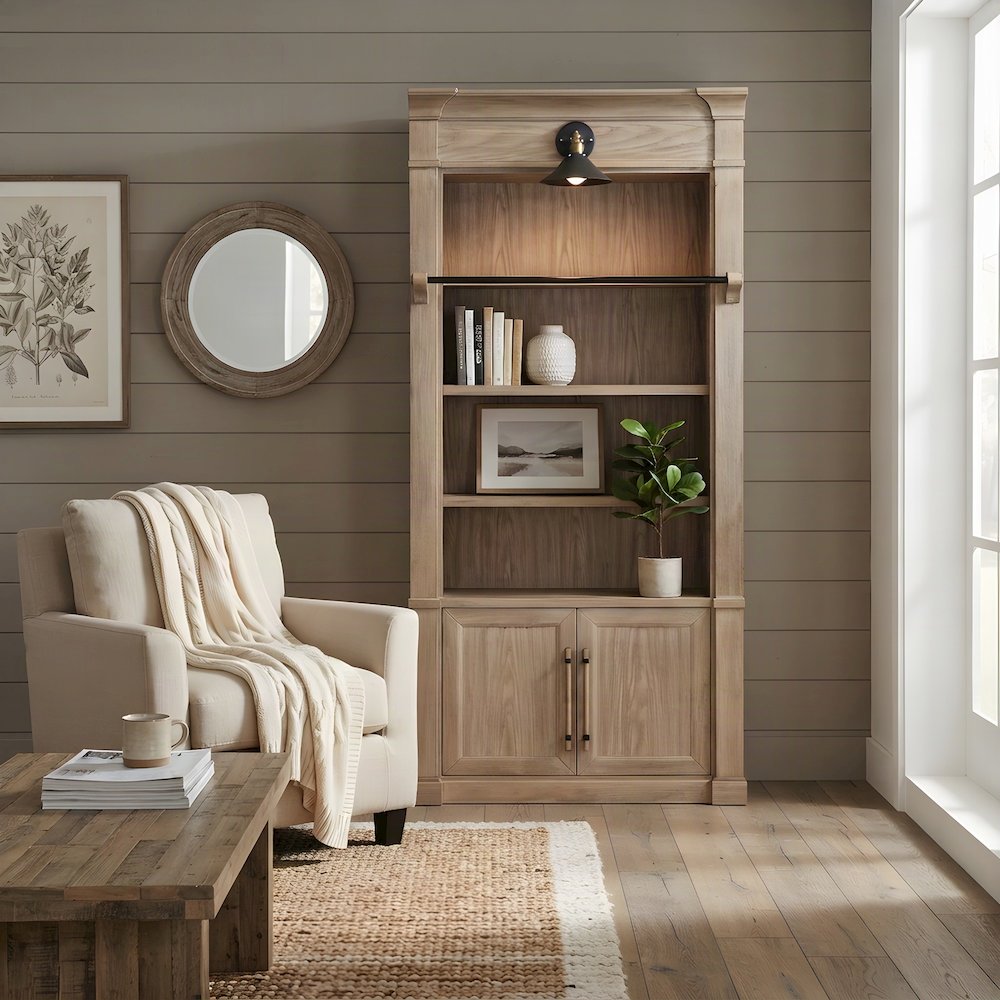 Contemporary Wood Tall Bookcase with Open Display Storage Shelves, Brown