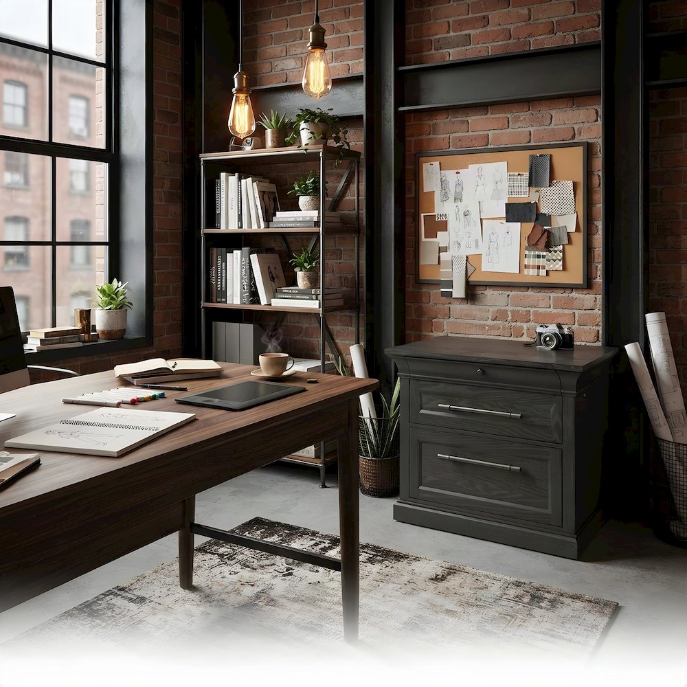 Hardwood Solid and Veneer Lateral File Cabinet with Storage Drawers, Black