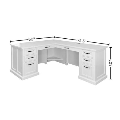 Wood L-Desk & Return, 6 Drawers, 2 Locking Files, Power Center, White
