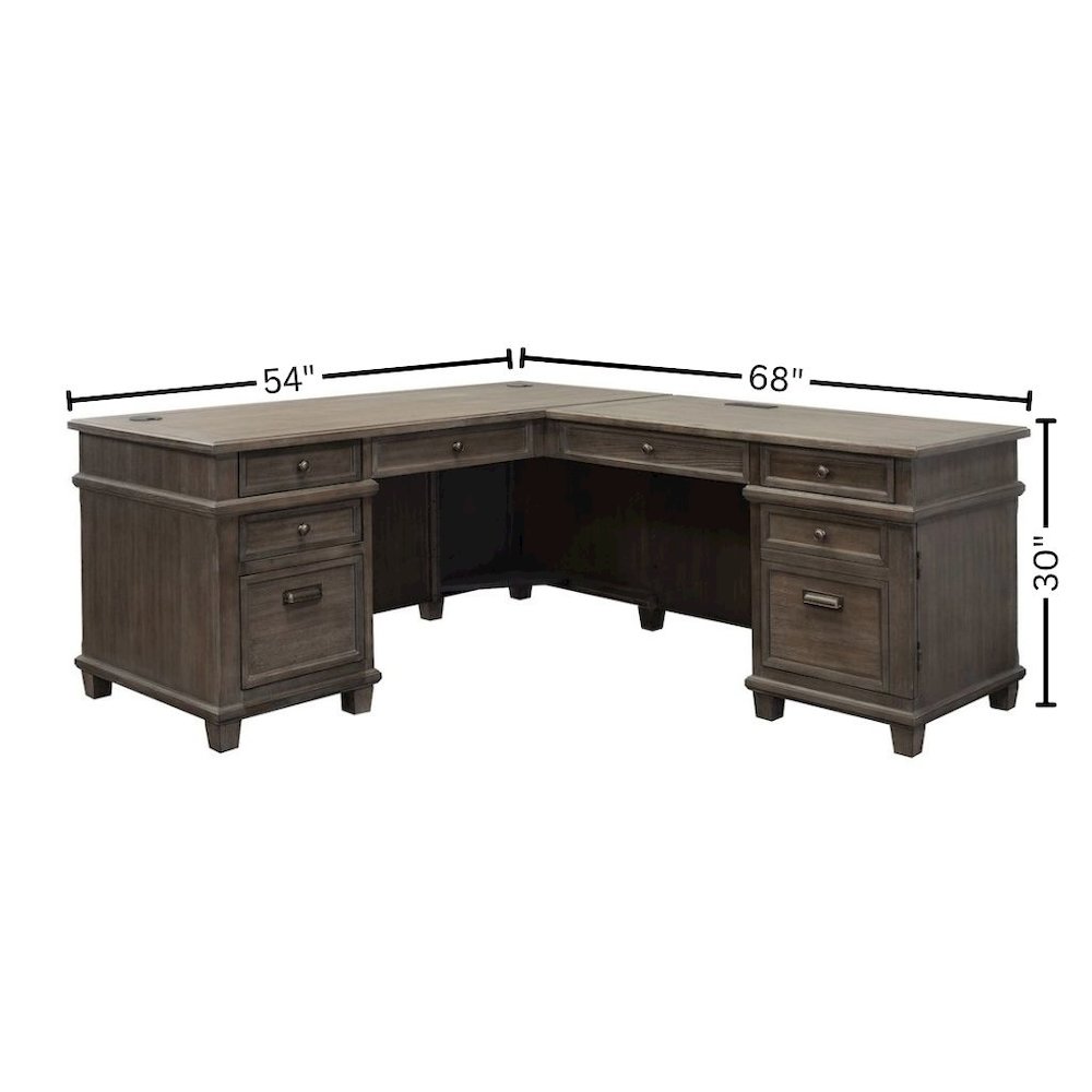 Wood L-Desk & Return, 5 Drawers, 2 File Drawers, Power Center, Gray