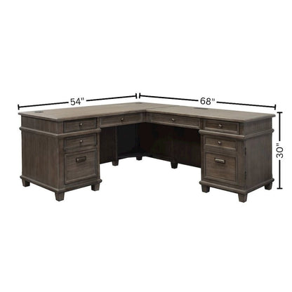 Wood L-Desk & Return, 5 Drawers, 2 File Drawers, Power Center, Gray