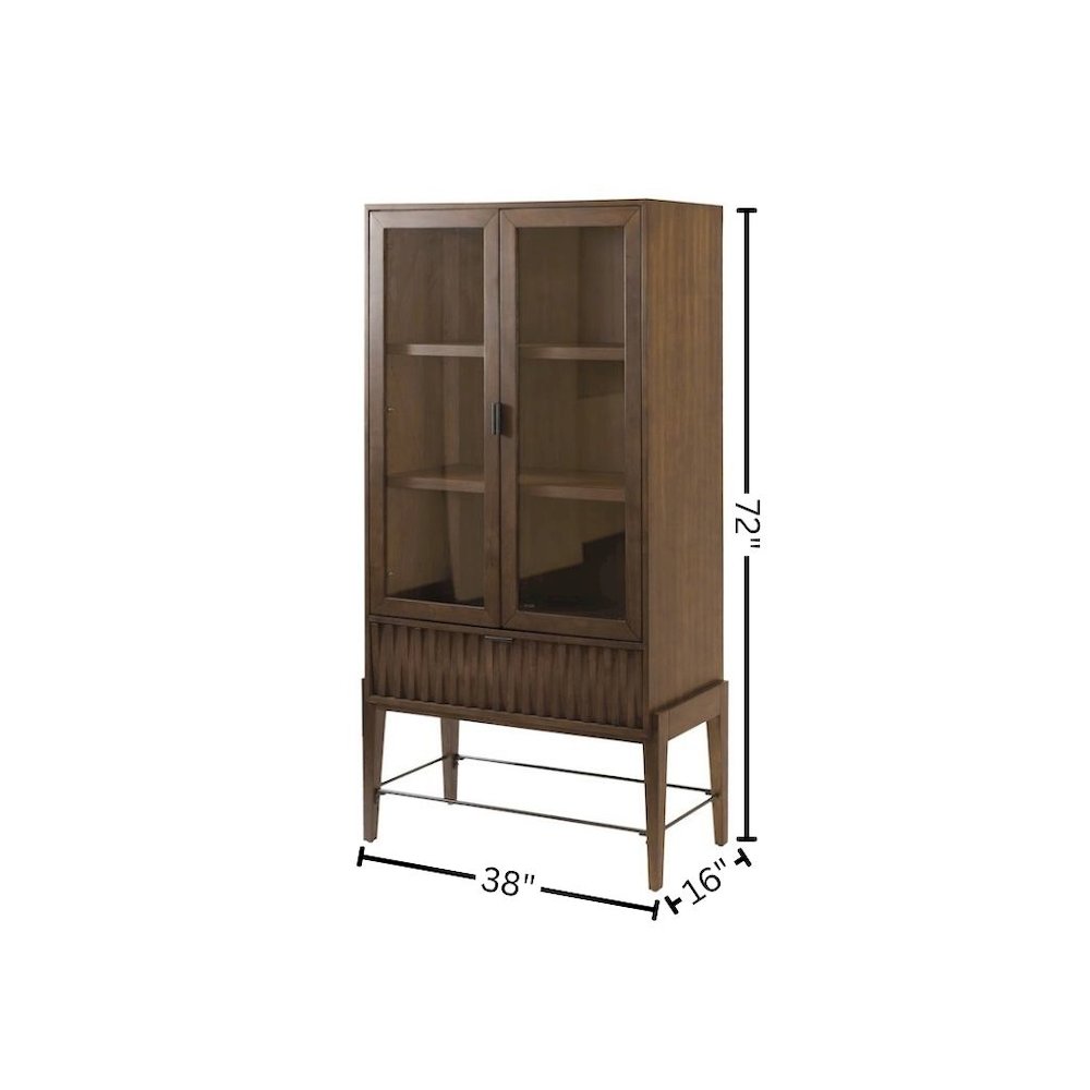 Glass Door Bookcase with Storage Drawer and Adjustable Shelves, Brown Finish