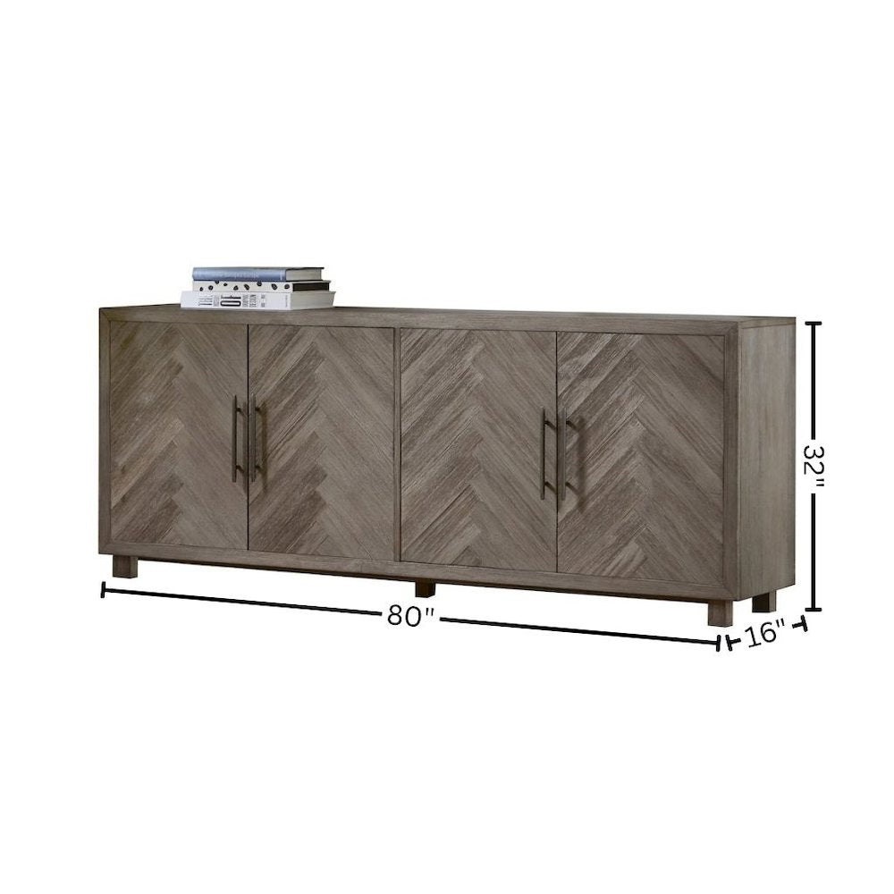 80 Inch Four Door TV Console, Distressed Gray, Herringbone, 2 Shelves