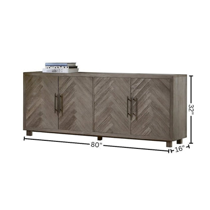 80 Inch Four Door TV Console, Distressed Gray, Herringbone, 2 Shelves