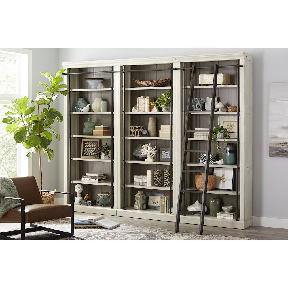 8' Tall Bookcase Wall With Ladder, Storage Organizer, Aged Chateau White